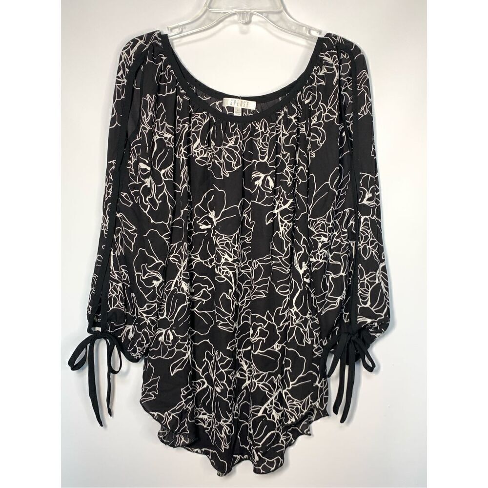 Spense Women's Floral Scoop Neck Cold Shoulder Blouse Black White Size Medium